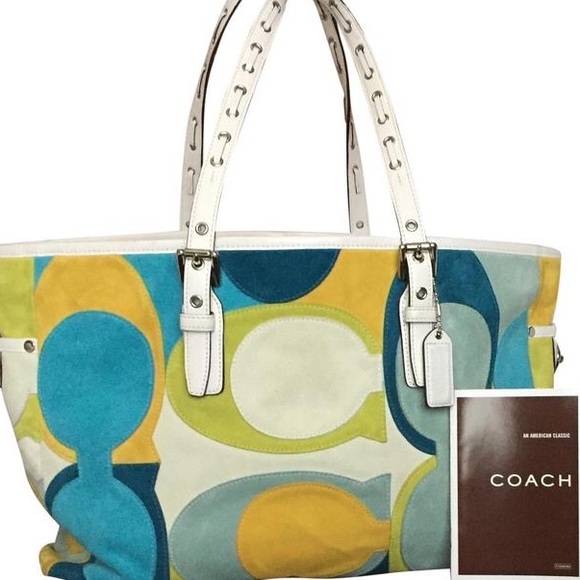 Coach Suede Blue Green White Optic Gallery Tote - Picture 1 of 8